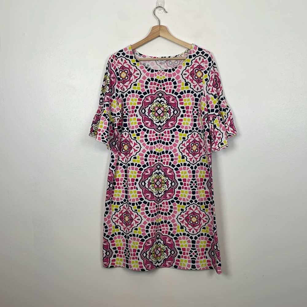 Crown & Ivy Womens M Art Wear Short Ruffle Sleeve Pullover Multicolor Dress
